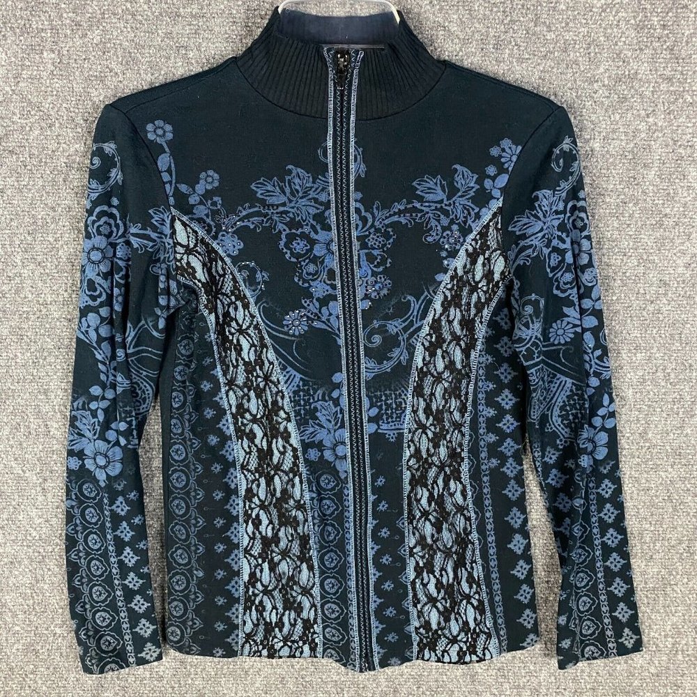 Skinny Minnie Top Juniors Small Full Zip 100% Cotton Sweater Floral Blue S